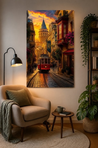 Nostaljik İstanbul Tramvaylı Baskılı Cam Tablo Galata Kulesi Uv Baskı Duvar Tablosu