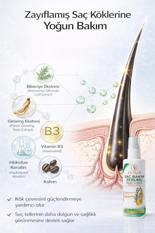 Şifakür Biberiye Ginseng Kafein Vitamin B3 Biyotin Keratin Saç Bakım Serumu 100 ML