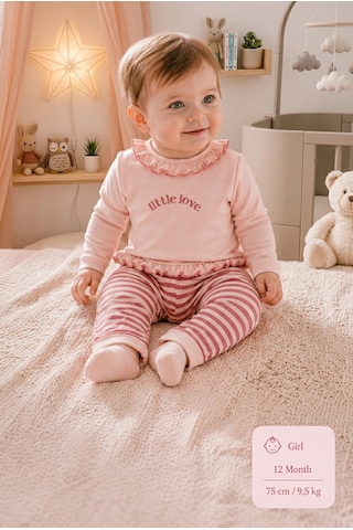 Hafy Baby Little Love Serisi, Fırfırlı Yaka Ve Kalpli Pembe Kız Bebek Takımı Pembe - Beyaz