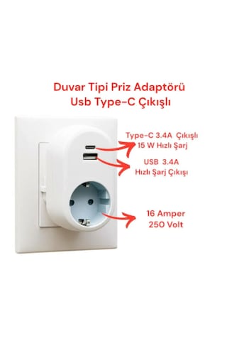Tek-iş Duvar Tipi Priz Adaptörü Usb Type-c Çıkışlı, 3.4a Hızlı Akıllı Şarj Özellikli Golyat