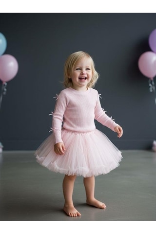 Zekids Kız Bebek Pamuklu Kolları Fiyonk Detaylı Kaşkorse Bluz-16521 Pembe