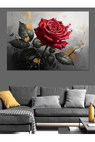 Ahşap Tablo Sanatsal Kırmızı Gül Ve Yapraklar