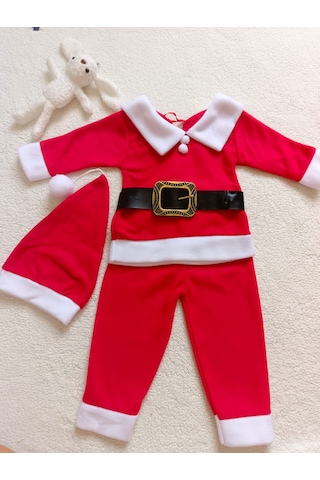Erkek Çocuk Yılbaşı Noel Temalı , Kemerli , 3 Parça Kışlık Polar Takım , Noel Baba Kostüm Kırmızı