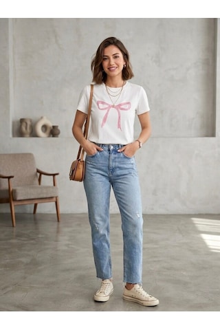 Tekli Pembe Kurdele Baskılı Oversize Comfort T-shirt Beyaz