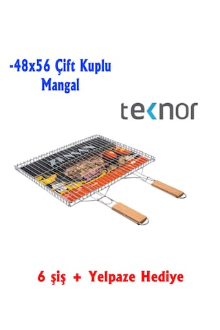 İki Kulplu Paslanmaz Krom Kaplama Tel Mangal Izgarası 48x56 Cm 6 Şiş Ve Yelpaze Hediyeli