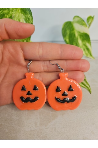 El Yapımı Polimer Kil Küpe - Paslanmaz Çelik Aparatlı Turuncu Cadılar Bayramı Bal Kabağı Figürlü Sallantılı Küpe Spooky Pumpkin
