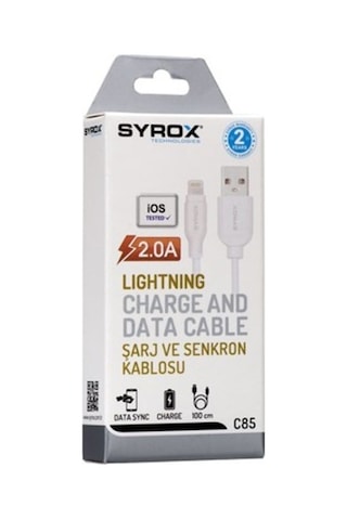 Syrox C85 Apple Uyumlu iOS iPhone Lightning 2.0 Amper Şarj Ve Data Kablosu Syrox C85 Apple Uyumlu iOS iPhone Lightning 2.0 Amper Şarj Ve Data Kablosu