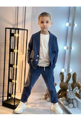 R.g Erkek Çocuk Keten Ceket T-shirt Pantolon 3lü Basic Takım Elbise-15870 Lacivert