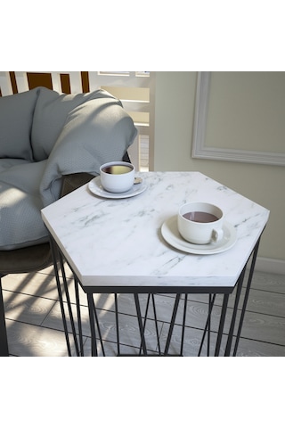 Cetrus Beyaz Mermer Yan Sehpa & Servis Sehpası Metal Marmo