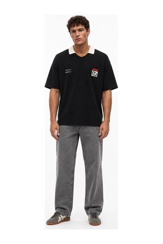 Respire Erkek Yaka Detaylı Oversize T-shirt Siyah