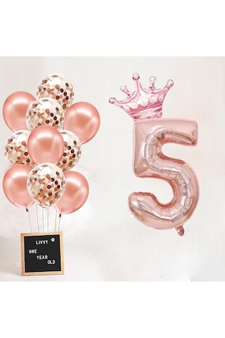 5 Rakam Rose Gold Folyo Balon, Kral Tacı Ve Konfetili Rose Gold Balon