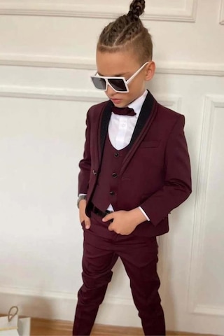 Riccotarz Erkek Çocuk Yakası Şerit Detaylı Cepken Yelekli Blazer Ceketli Bordo Takım Elbise Bordo