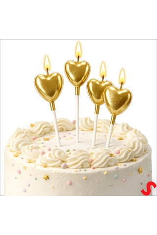 Çubuklu Metalik Altın Kalp Mum - 13 Cm X 4 Adet