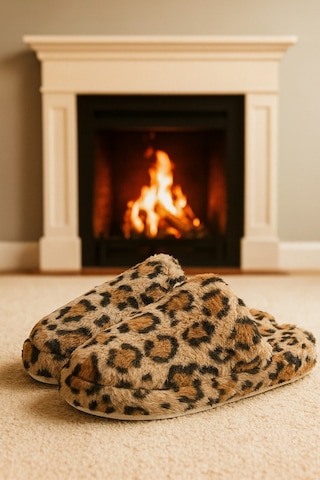 Tüylü Kapalı Kadın Ev Terliği Kışlık Terlik Sessiz Taban Leopar