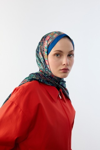 Mirsoy Scarf Asya Etnik Desen Şal Gece Mavisi