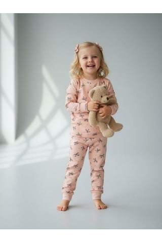 Kız Çocuk Pamuklu Fiyonklu Pijama Takımı-16829 Pudra