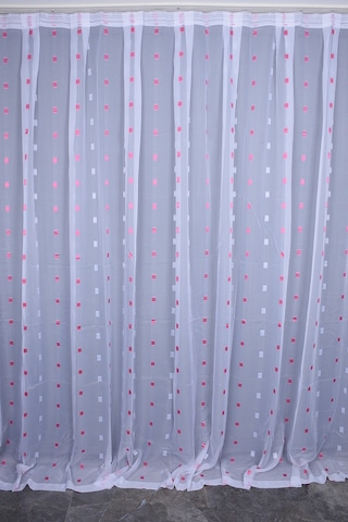 Tergal Fuşya Kareli Beyaz Renk Tek Kanat Hazır Dikilmiş Pileli Fon Perde 300 260 Cm Beyaz