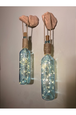 El Figürlü Duvar Lambası Pilli Led Işıklı Dekoratif Mavi Boyalı Cam Şişe Aydınlatma Vintage El Y Mavi