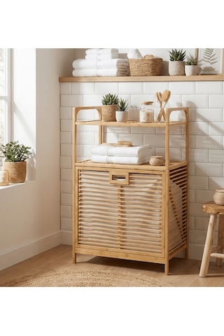 Bambu Kirli Sepetli 2 Raflı Çok Amaçlı Banyo Düzenleyici Çamaşır Sepeti Organizer 64 40 95cm Bej