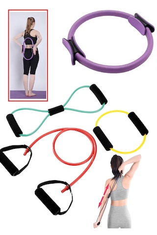 Pilates Çemberi Ve 3 Lü Direnç Lastiği Fonksiyonel Egzersiz Seti Sihirli Halka Ve Çok Yönlü Set Çok Renkli