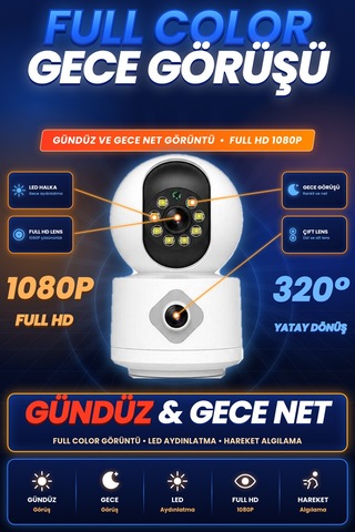 Homesmart Çift Lensli Wifi Güvenlik Kamerası Döner Başlıklı Renkli Gece Görüşlü Hareket Algılamalı İki Yönlü Sesli Akıllı Ev Kamerası