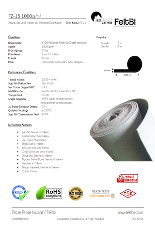 İzobozz&feltbi 15mm 1000 Gr/m2 Isı Ve Ses Yalıtımı Polyester Elyaf Keçe
