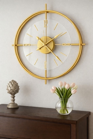 MetaQuartz Aksesuar (Büyük Boy-55*55cm) Gold Çiftçember Seri -modern Dekoratif Camlı Metal Saat Altın