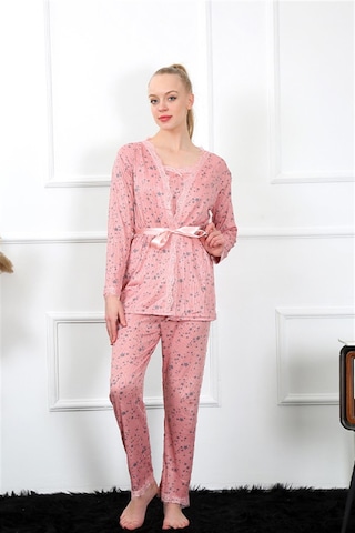 İbrahim Burak Etiler Collection Moda Çizgi Kadın 3'lü Gül Kurusu Sabahlık Pijama Takım 16103