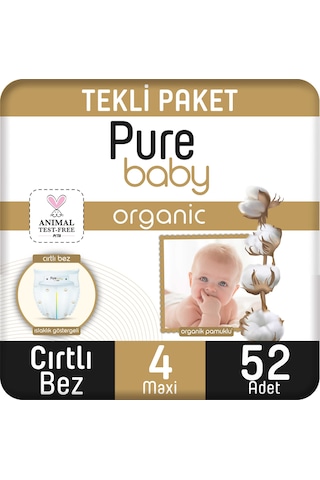 Pure Baby Organik Pamuklu Cırtlı Bez 4 Numara Maxi 52 Adet