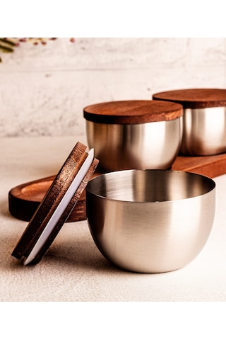 Steel&More Bambu Kapak Çelik Çerezlik 7 Parça Sızdırmaz Saklama Kabı 9cm Gri