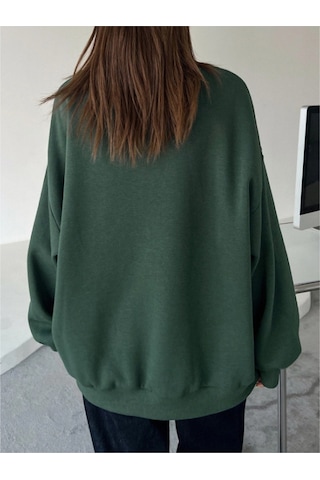 Kadın Nefti Yeşil Staggertly Baskılı Bisiklet Yaka Sweatshirt Nefti Yeşili