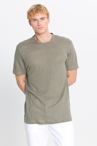 AC&Co / Altınyıldız Classics Erkek Hakı %100 Keten Slim Fit Dar Kesim Bisiklet Yaka Tişört Hakı