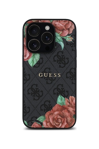 Apple Uyumlu iPhone 14 Pro Max Kılıf Guess Lisanslı Magsafe Gül Baskılı 4g Desenli Yazı Logolu Kapak Siyah