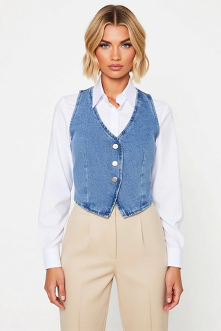 Benerly Kadın V Yaka Kolsuz Fitted Denim Yelek Düz Desen Astarsız Regular Mavi