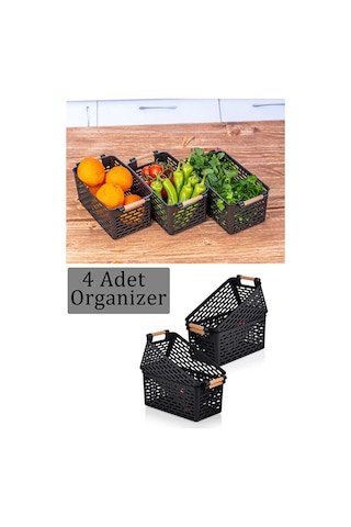 4 Adet - Çok Amaçlı Plastik Tutacaklı Organizer Sepet Dolap Içi Çekmece Düzenleyici Siyah