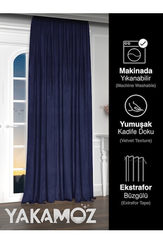 Yakamoz Kadife Görünüm Lacivert Ada Fon Perde Ekstraforlu Velvet Touch Serisi Lacivert