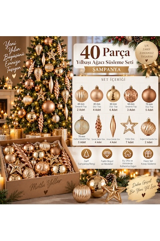 40 Parça Şampanya Yılbaşı Ağacı Süsleme Seti Zarif Top, Yıldız, Damla Ve Dekoratif Süsler 3 CM