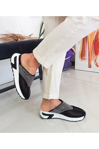 Siyah Renk Düz Taban Taşlı Fileli Kadın Spor Terlik 001