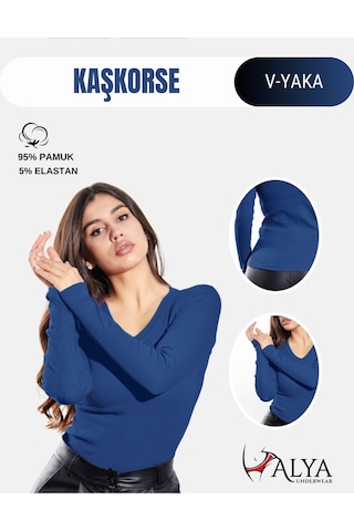 Alya Underwear Pamuklu Kaşkorse V Yaka Body Sweatshirt, Fitilli Kumaş Likralı Bluz, Asker Yeşili Badi Mavi İndigo