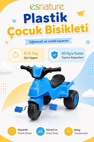 Esnature Plastik Çocuk Bisikleti 3 Tekerlekli Pedallı Mavi 0-6 Yaş 40 Kg Taşıma Kapasiteli Çok Renkli