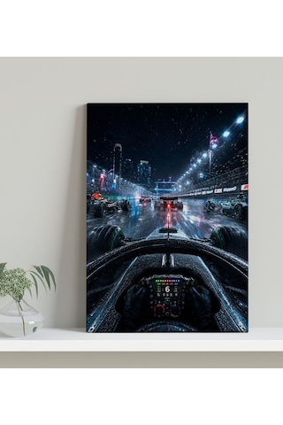 Bk Gift Yağmurlu Gece Formula Yarışı Pilot Kokpiti Ve Şehir Pisti Temalı Kanvas Duvar Tablosu 50x70 Cm