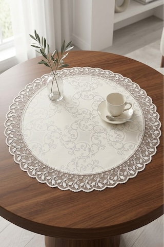 Lüks Dekoratif Yuvarlak Runner Güpür Kenarlı Jakarlı Desenli Orta Sehpa Örtüsü 60 Cm Çap Beyaz Kırık