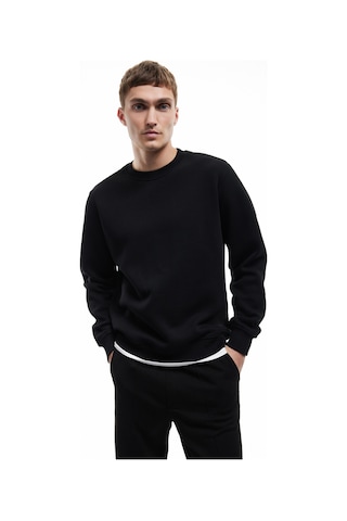 Koton Uzun Kollu Şardonlu Kumaş Detaylı Bisiklet Yaka Sweatshirt Siyah 6wam70070mk Siyah