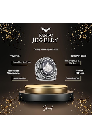 İslami Erkek Yüzüğü, Hat Sanatı Tasarımı, Oniks Taşlı Sterlin Gümüş Dinî Yüzük Gümüş