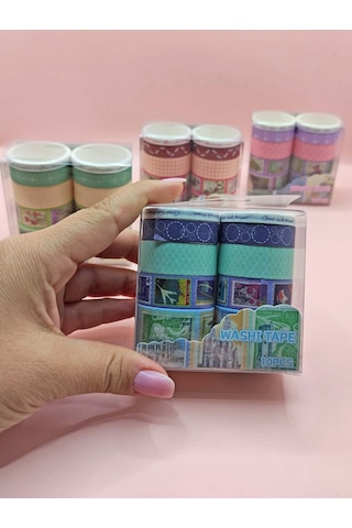 Vintage Washi Tape Bant Baskılı Yapışkanlı Maskeleme Kağıdı Desenli Bant 10'lu - Mavi Pul Mektup 1