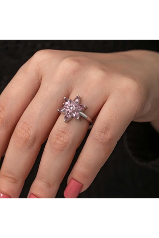 925 Ayar Gümüş Ayarlanabilir Pembe Lotus Çiçeği Kadın Yüzük Renkli