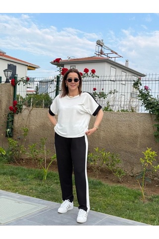 Modi Kadın Kısa Kollu Modal Dokulu Kumaş Yanı Şeritli Takım Altın - Siyah