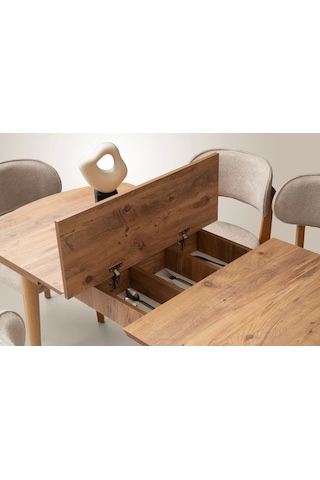 Ortadan Açılır Ahşap Yemek Masası Gizli Kaşıklık Bölmeli 80cm X 140cm Diş Budak Naturel