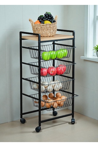 Dekoratif Tekerlekli Metal Sebzelik 4 Tel Sepetli Çam Ahşap Raflı Çok Amaçlı Stand Siyah