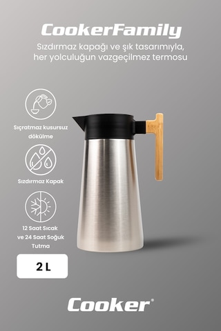 Cooker Bamboopour 2 Litre Paslanmaz Çelik Bambu Saplı Çelik Termos Ckr2094 Diğer